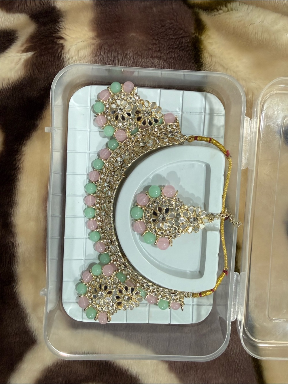 Gold-tone Necklace Set with Pink & Mint Beads
